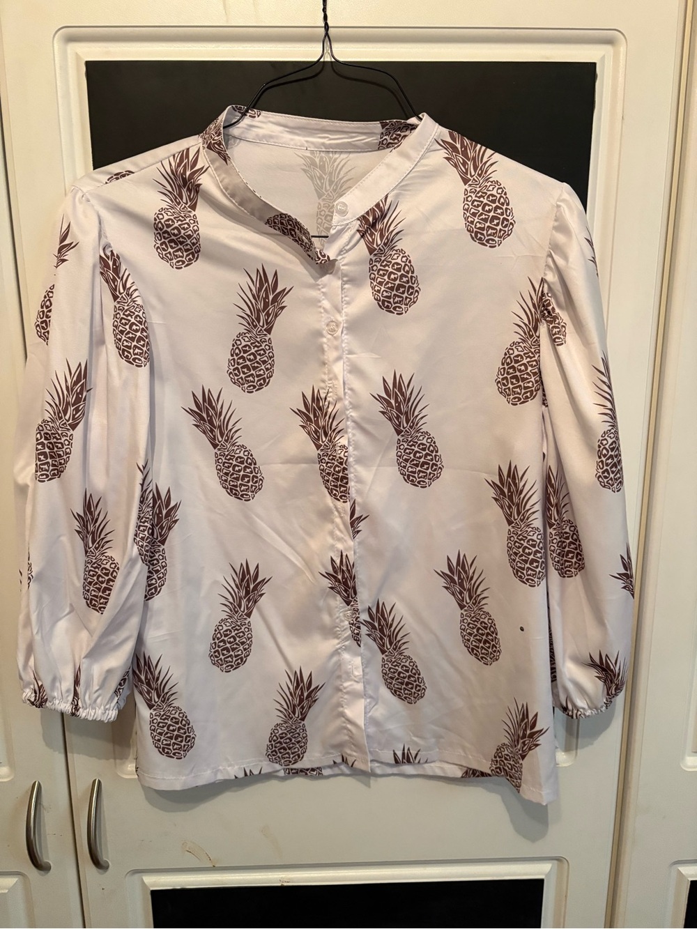 Pineapple Print Button-Up Blouse in white and Brown